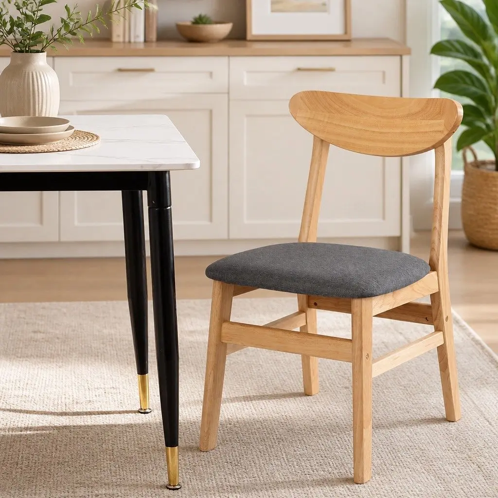 Dining Chairs Set of 6 Kitchen Seating Natural Wood Frame Linen Upholstery Natural Colour