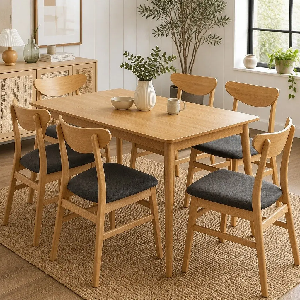 Dining Chairs Set of 6 Kitchen Seating Natural Wood Frame Linen Upholstery Natural Colour