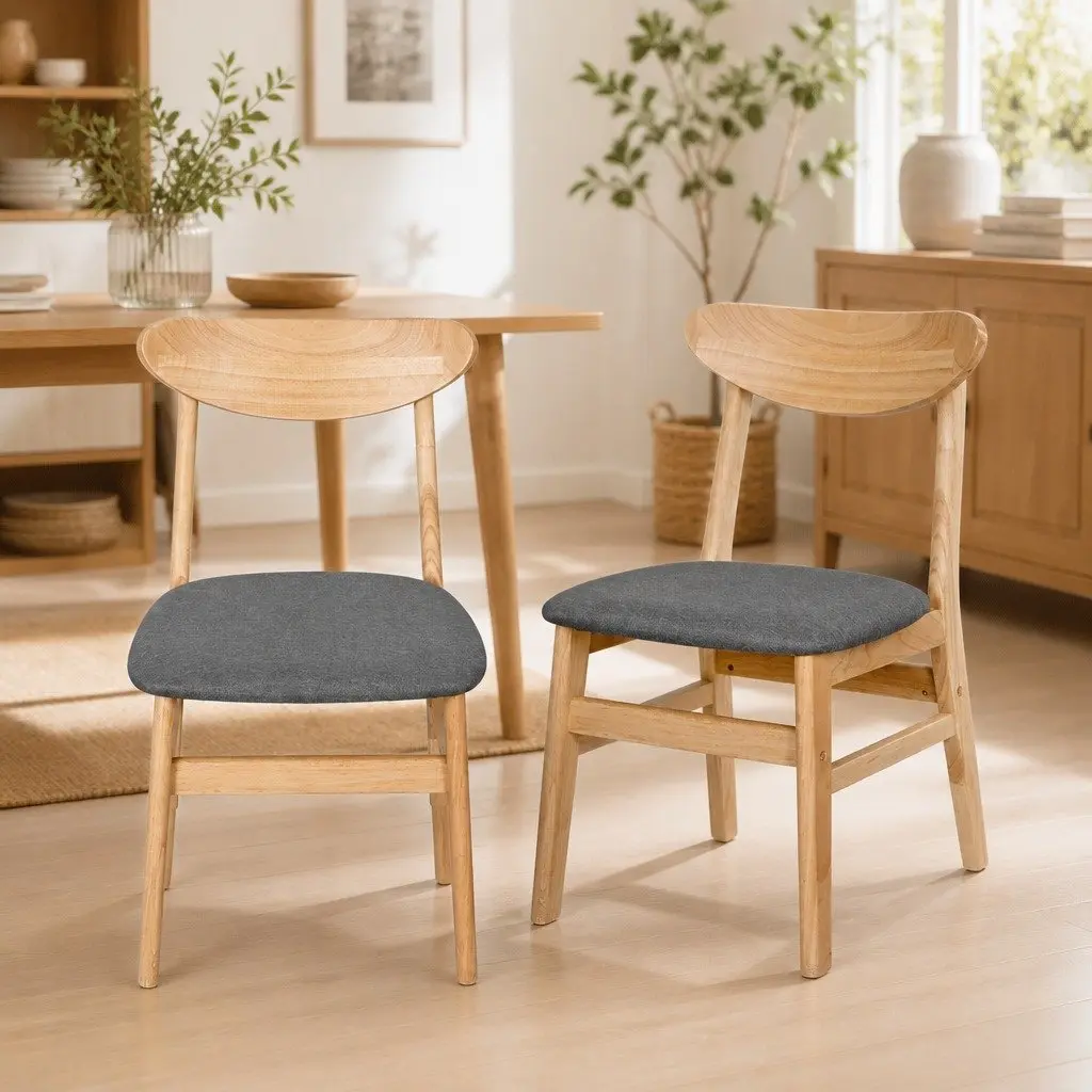 Dining Chairs Set of 6 Kitchen Seating Natural Wood Frame Linen Upholstery Natural Colour