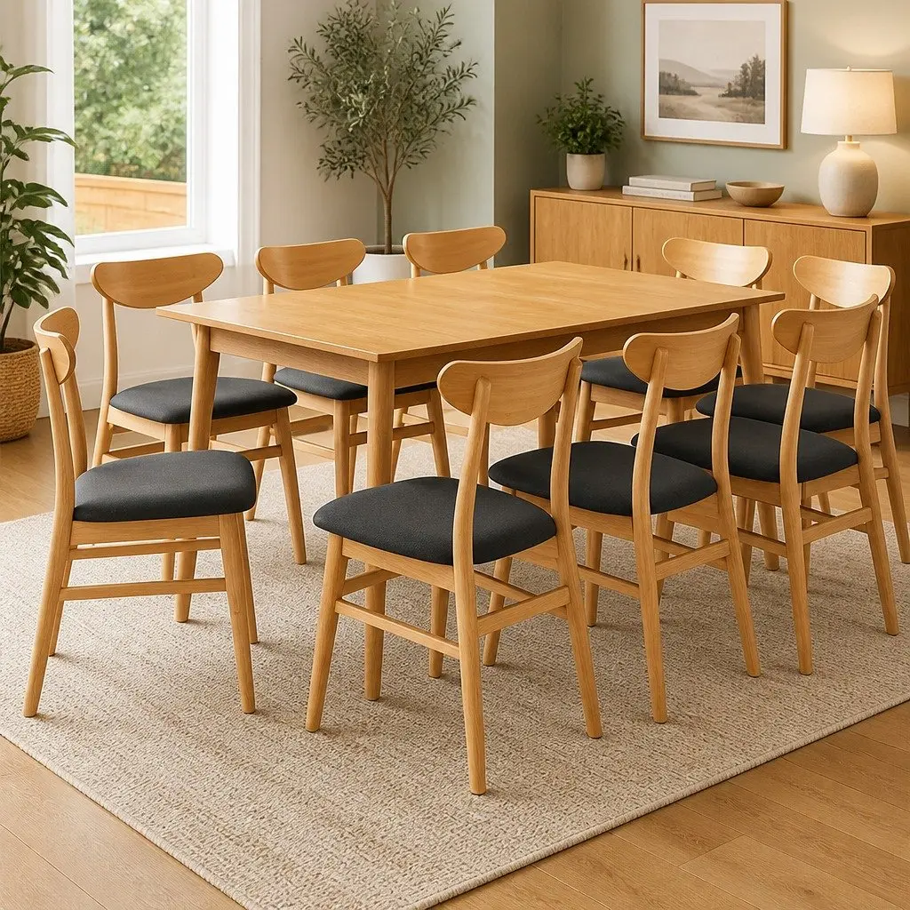 Dining Chairs Natural Wood Linen Padded Seating 8 Piece