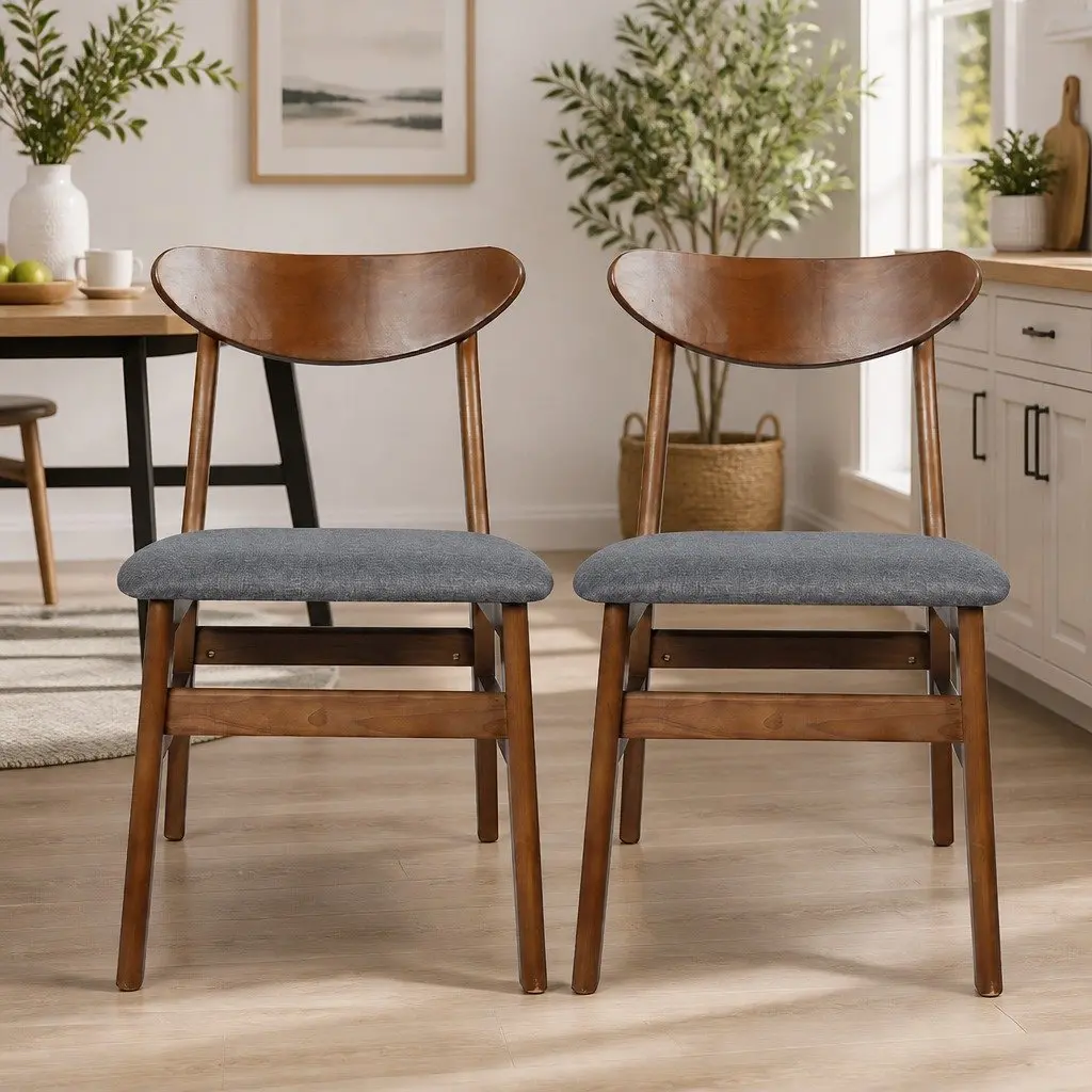 Dining Chairs Set of 6 Kitchen Seating Linen Upholstered Walnut Natural Wood Frame