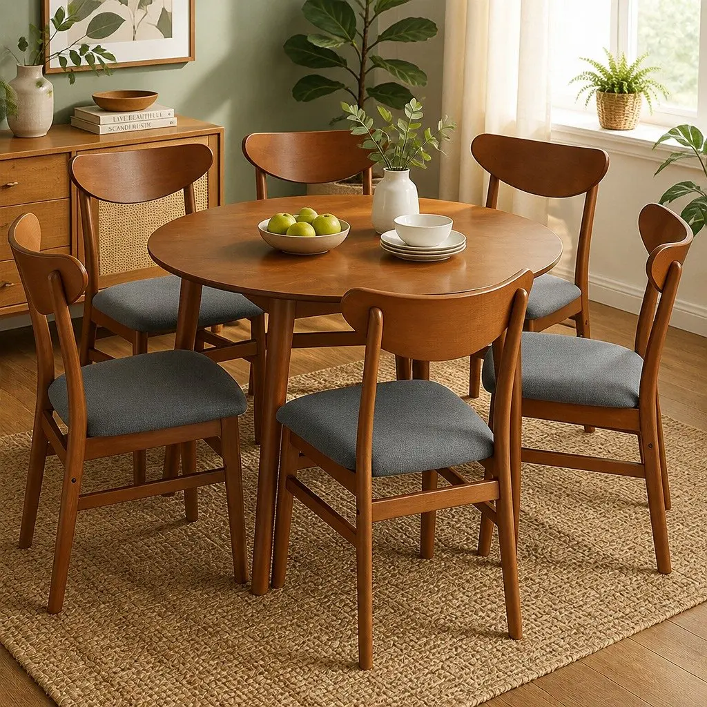 Dining Chairs Set of 6 Kitchen Seating Linen Upholstered Walnut Natural Wood Frame