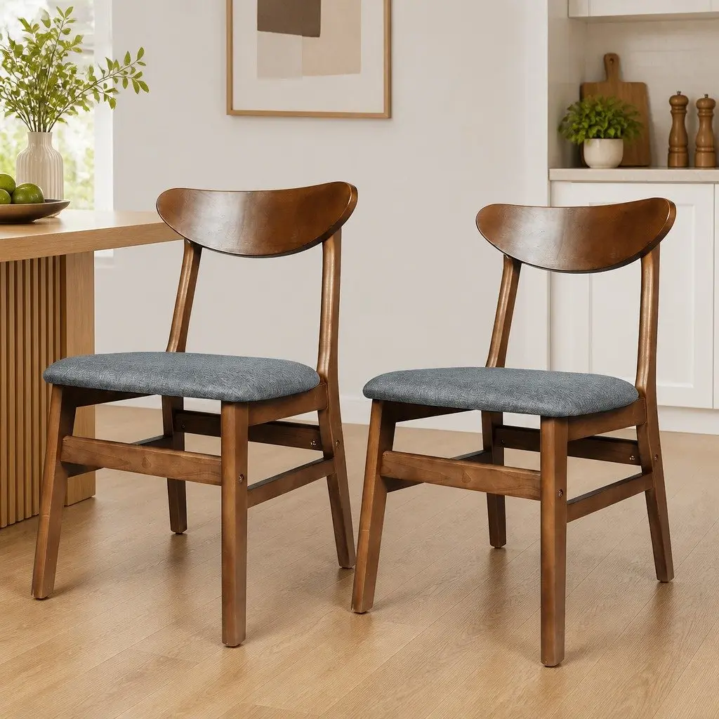Dining Chairs Set of 6 Kitchen Seating Linen Upholstered Walnut Natural Wood Frame
