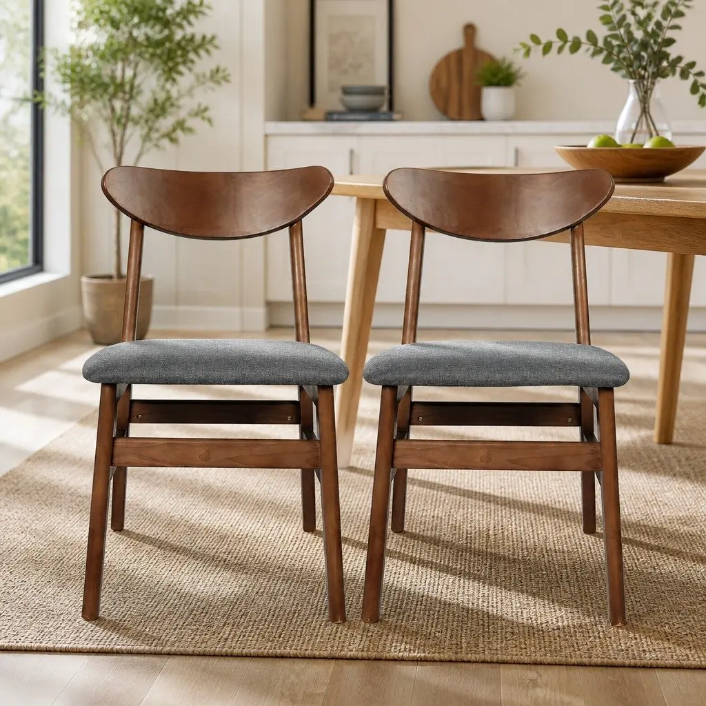 Dining Chairs Kitchen Seating 2 Pack Brown Wooden Frame Linen Fabric Cushion