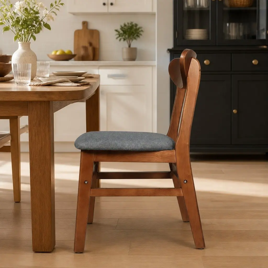 Dining Chairs Kitchen Seating 2 Pack Brown Wooden Frame Linen Fabric Cushion
