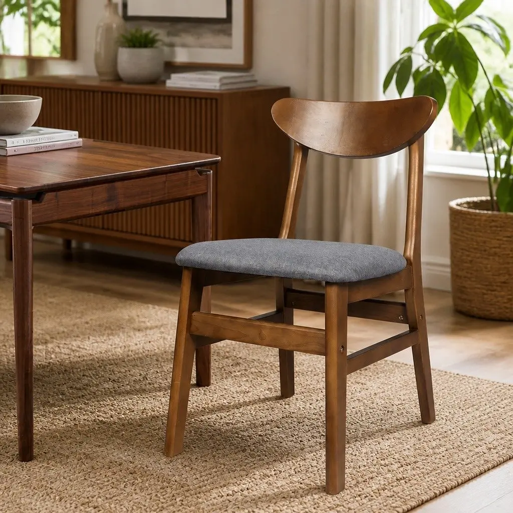 Dining Chairs Kitchen Seating 2 Pack Brown Wooden Frame Linen Fabric Cushion