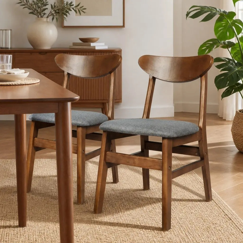Dining Chairs Kitchen Seating 2 Pack Brown Wooden Frame Linen Fabric Cushion