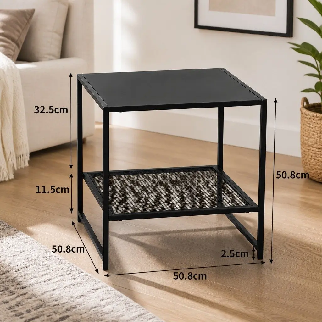 Black Steel Side Table Open Shelves Nightstand Bedroom Lounge End Sofa Storage