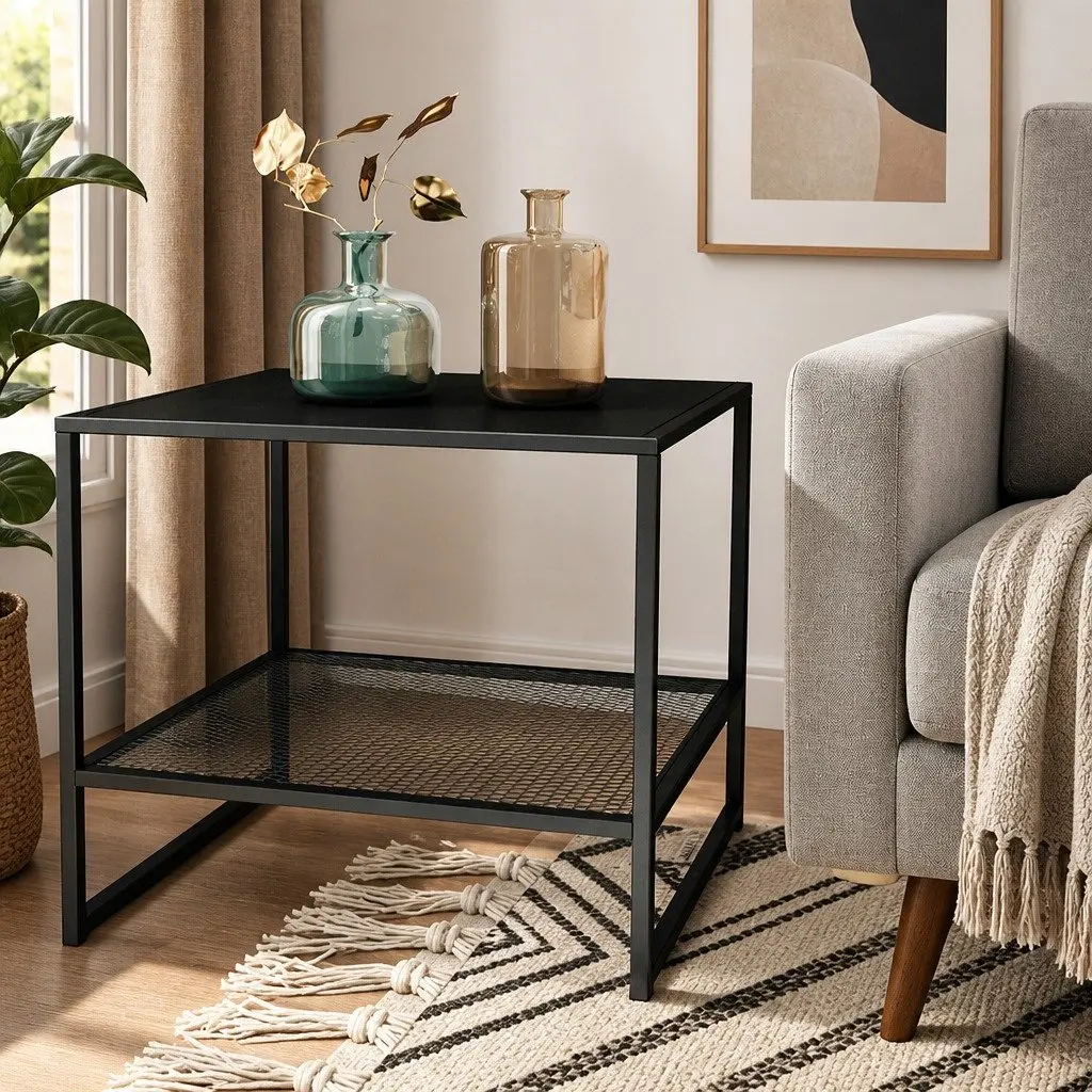 Black Steel Side Table Open Shelves Nightstand Bedroom Lounge End Sofa Storage