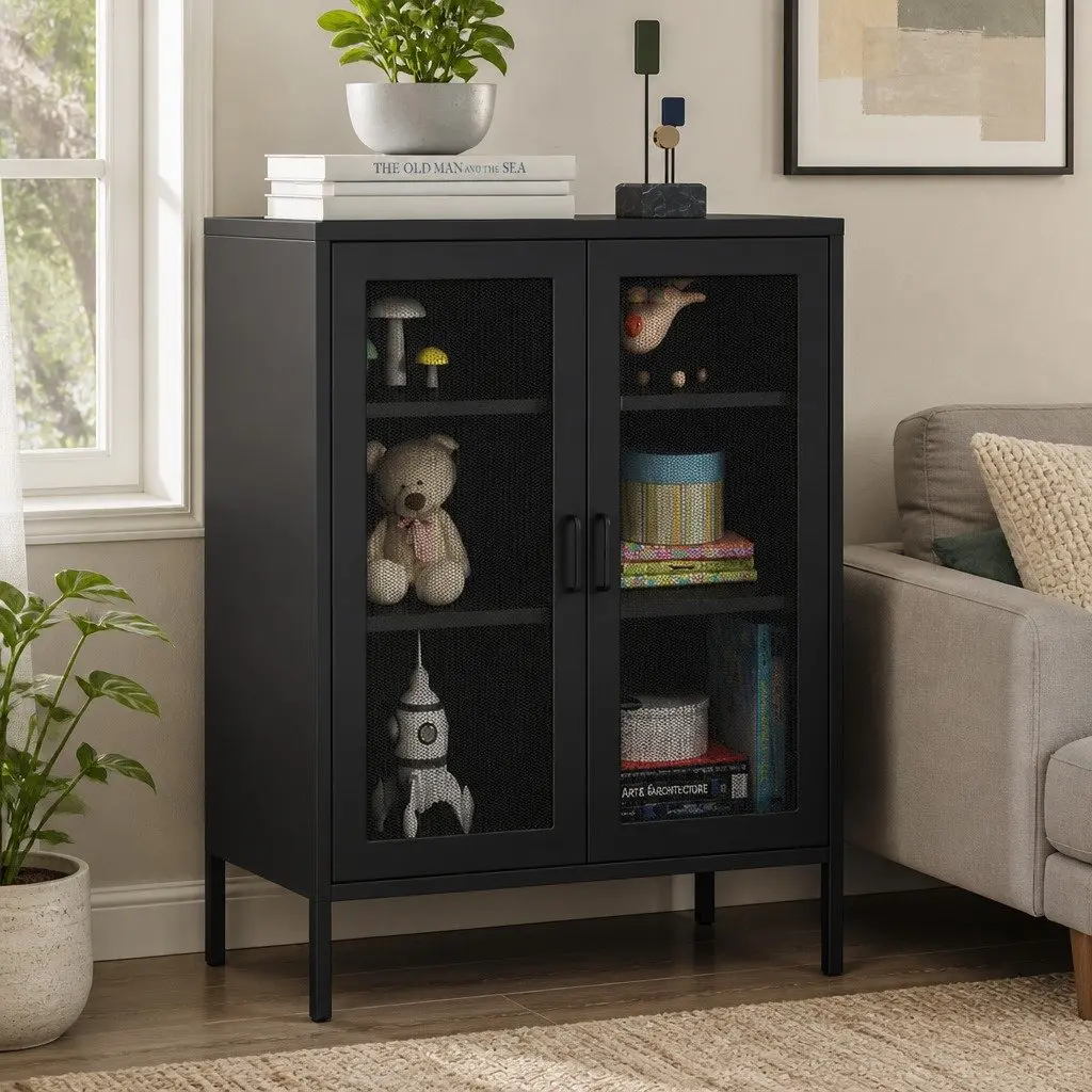 Storage Cabinet Steel Kitchen Black Mesh Doors Adjustable Shelves