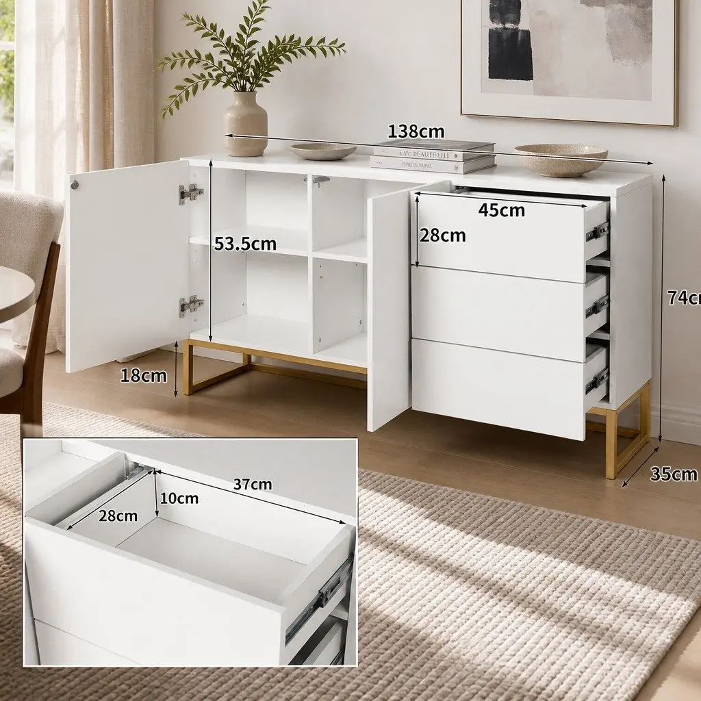 White Sideboard Storage Cabinet Buffet Modern Kitchen Bedroom Furniture Push