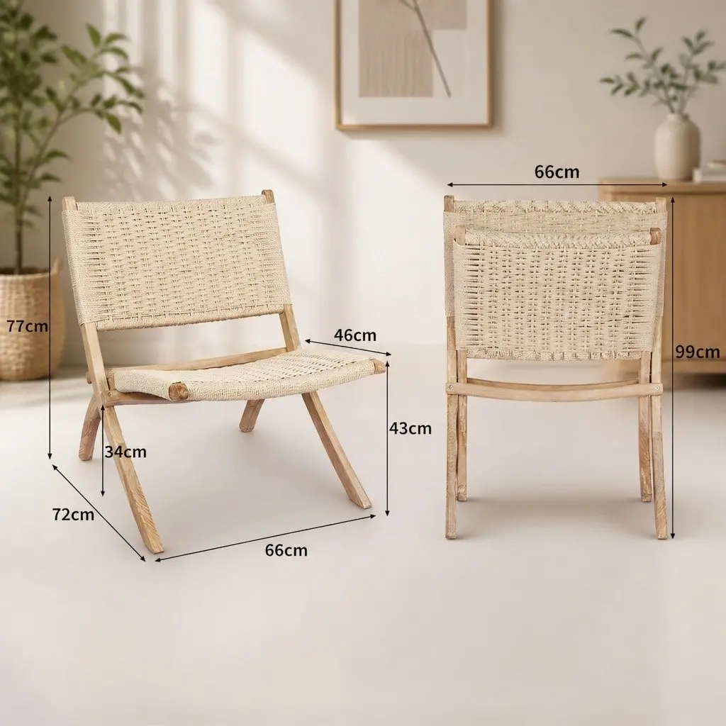 Folding Accent Chair Recliner Natural Wooden Frame Relaxation Seating Set of 2