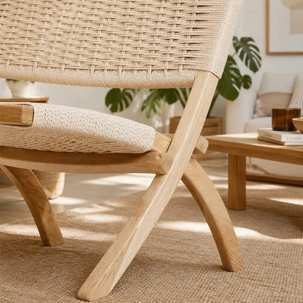 Folding Accent Chair Recliner Natural Wooden Frame Relaxation Seating Set of 2