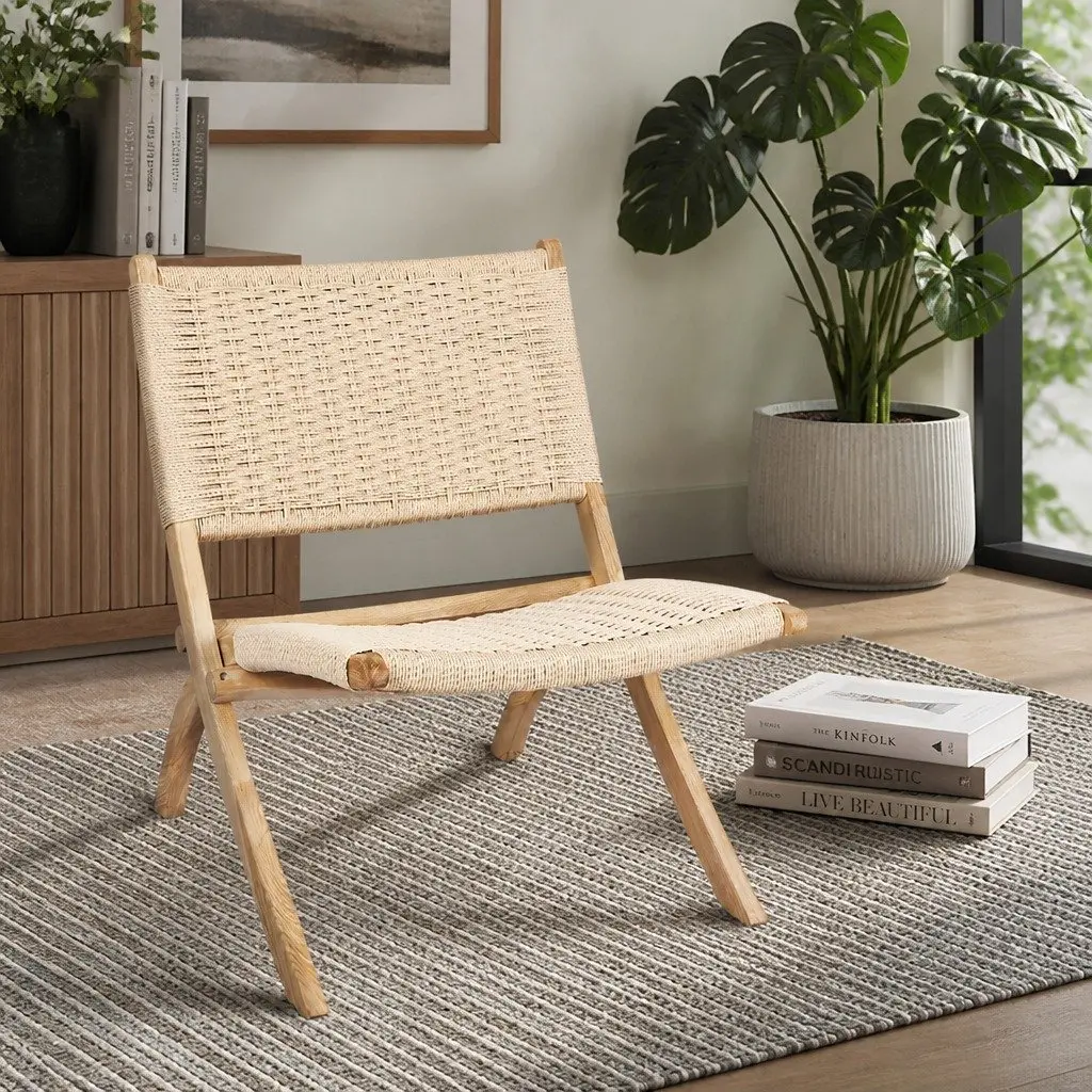 Folding Accent Chair Recliner Natural Wooden Frame Relaxation Seating Set of 2