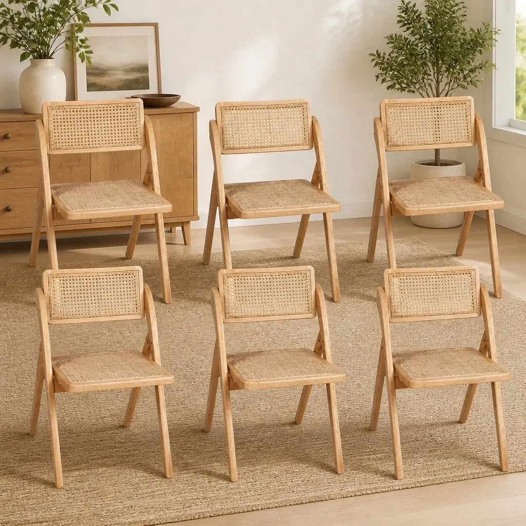 Dining Chairs Set of 6 Foldable Rattan Accent Seating Natural Wood Design