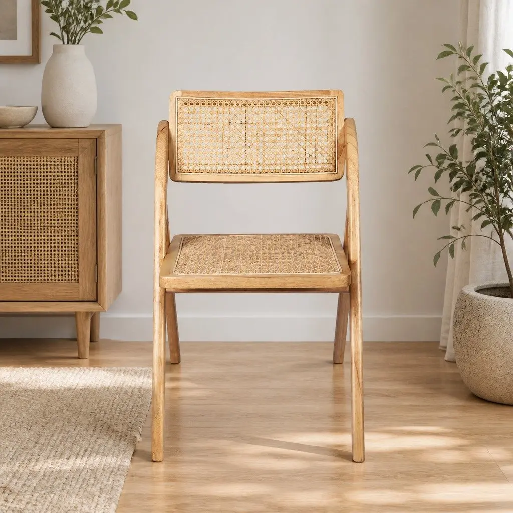 Dining Chairs Set of 6 Foldable Rattan Accent Seating Natural Wood Design