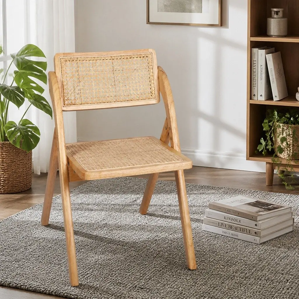 Dining Chairs Set of 6 Foldable Rattan Accent Seating Natural Wood Design