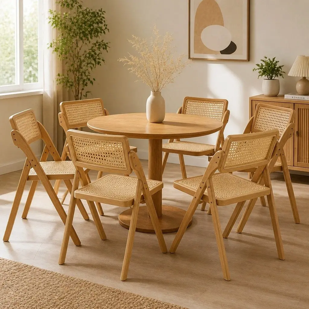 Dining Chairs Set of 6 Foldable Rattan Accent Seating Natural Wood Design
