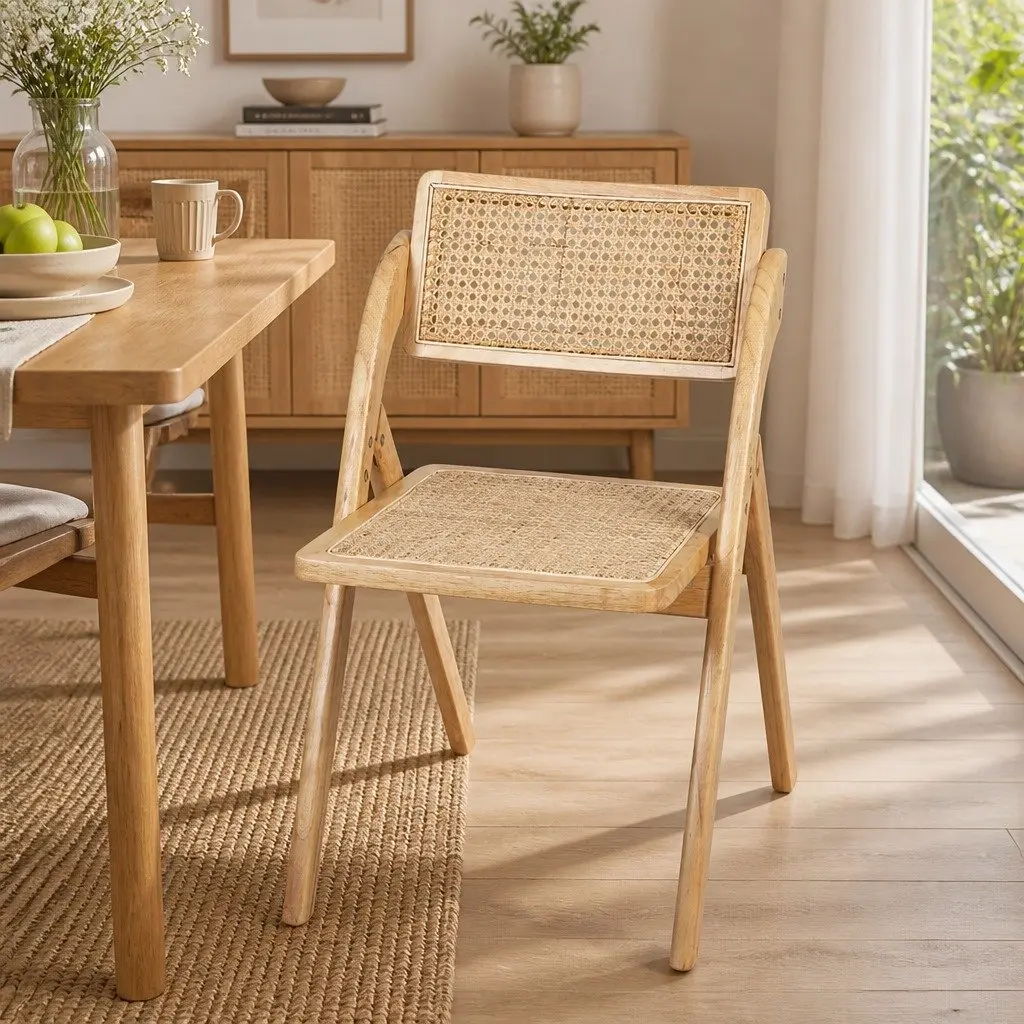 Dining Chairs Set of 6 Foldable Rattan Accent Seating Natural Wood Design