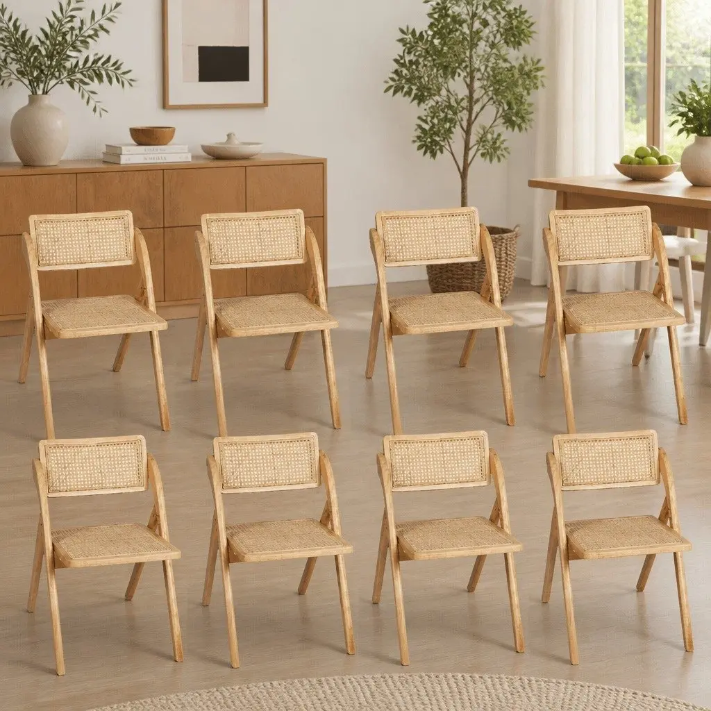 Foldable Dining Chairs Natural Rattan Accent Seating 8 Piece