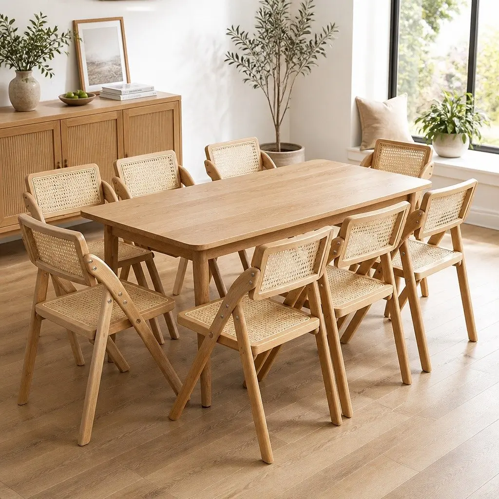 Foldable Dining Chairs Natural Rattan Accent Seating 8 Piece