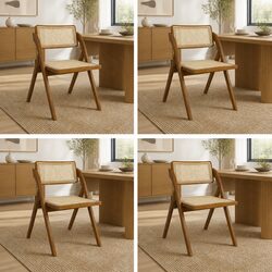 Foldable Rattan Dining Chairs Set of 4 Walnut Wood Frame Lounge Seating
