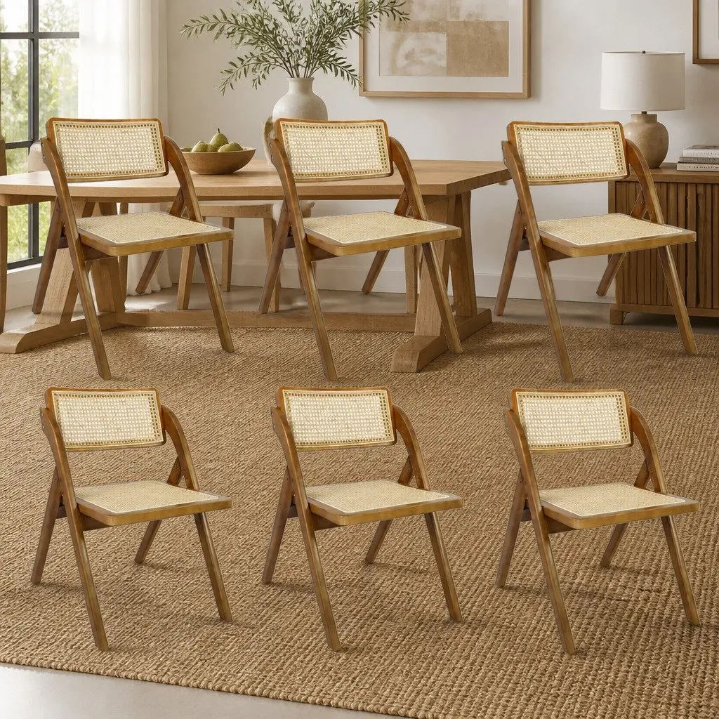 Foldable Dining Chairs Set of 6 Rattan Weaving Rubber Wood Frame Walnut