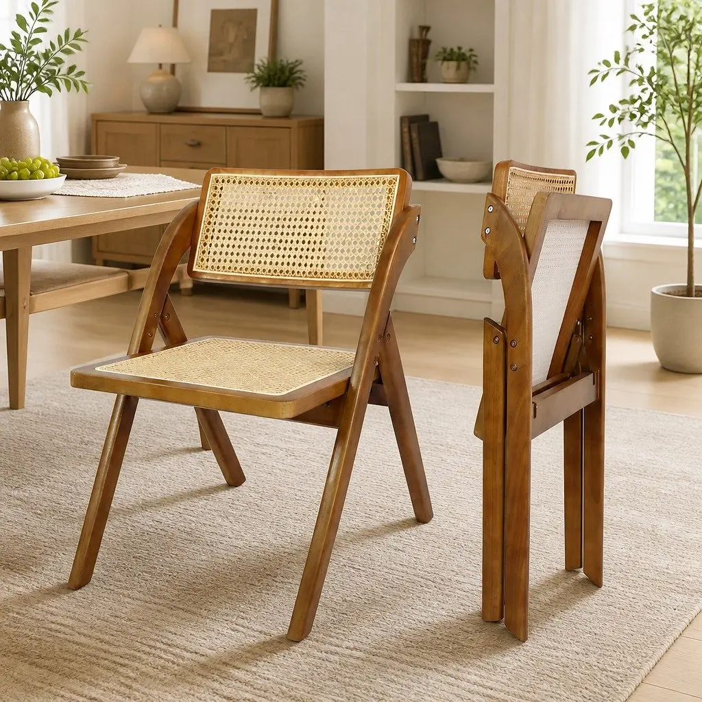 Foldable Dining Chairs Set of 6 Rattan Weaving Rubber Wood Frame Walnut