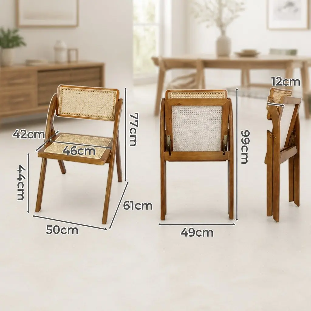 Foldable Dining Chairs Set of 6 Rattan Weaving Rubber Wood Frame Walnut