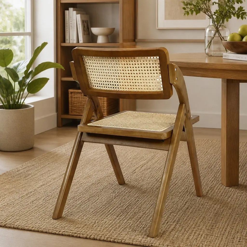 Foldable Dining Chairs Set of 6 Rattan Weaving Rubber Wood Frame Walnut