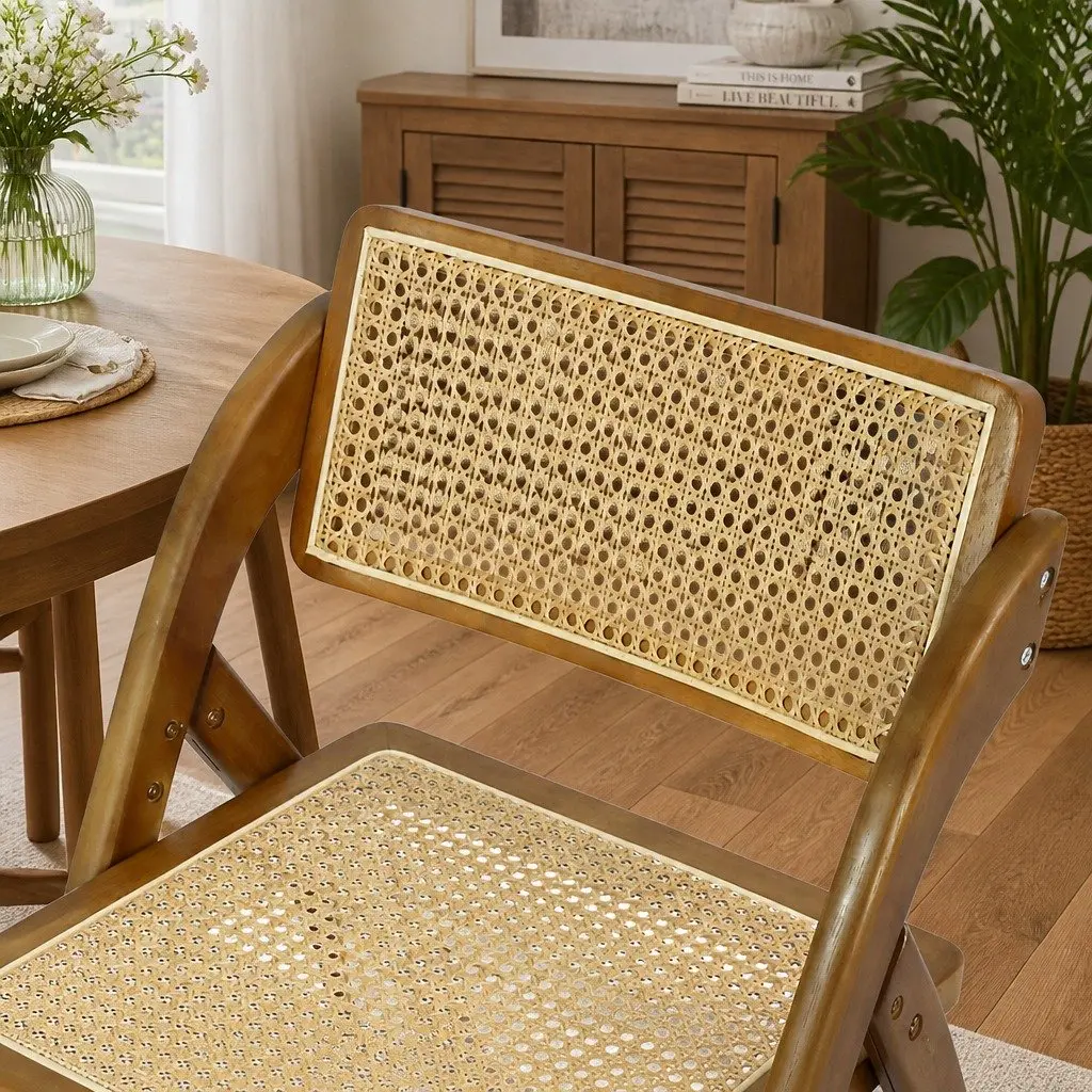 Foldable Dining Chairs Set of 6 Rattan Weaving Rubber Wood Frame Walnut