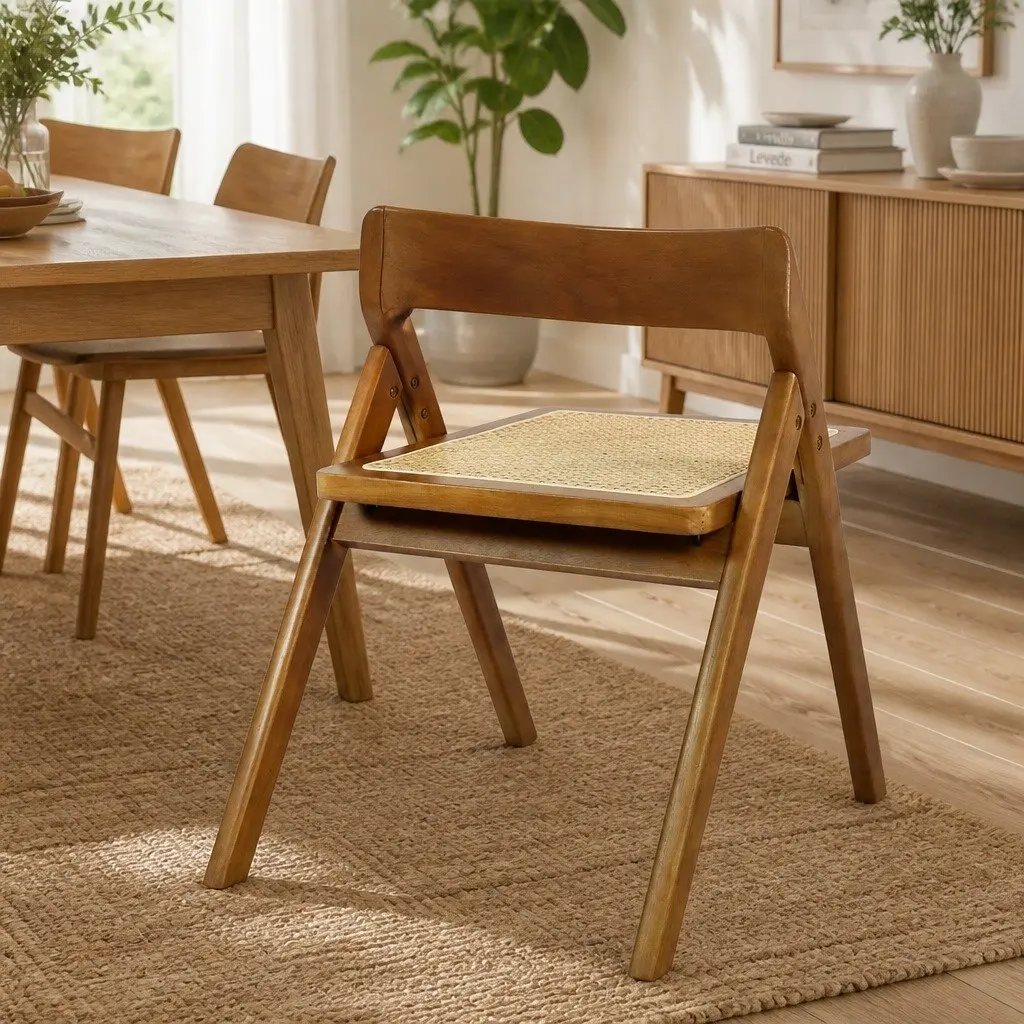 Foldable Dining Chairs Set of 6 Rattan Weaving Rubber Wood Frame Walnut