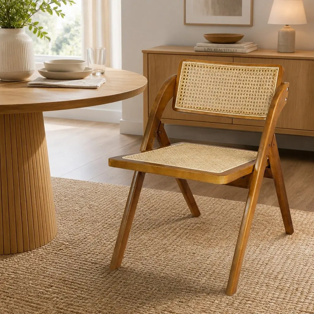 Foldable Dining Chairs Set of 6 Rattan Weaving Rubber Wood Frame Walnut