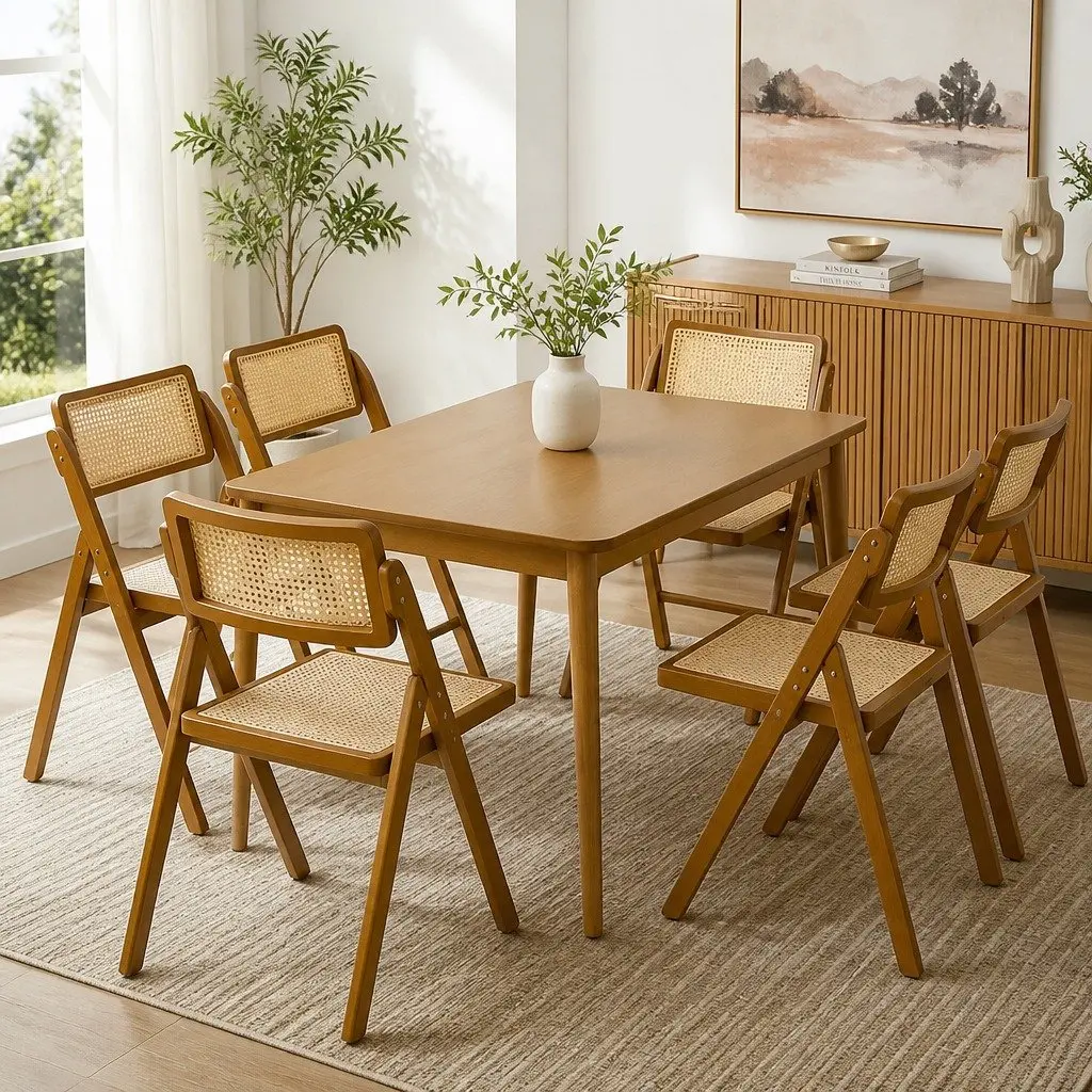 Foldable Dining Chairs Set of 6 Rattan Weaving Rubber Wood Frame Walnut