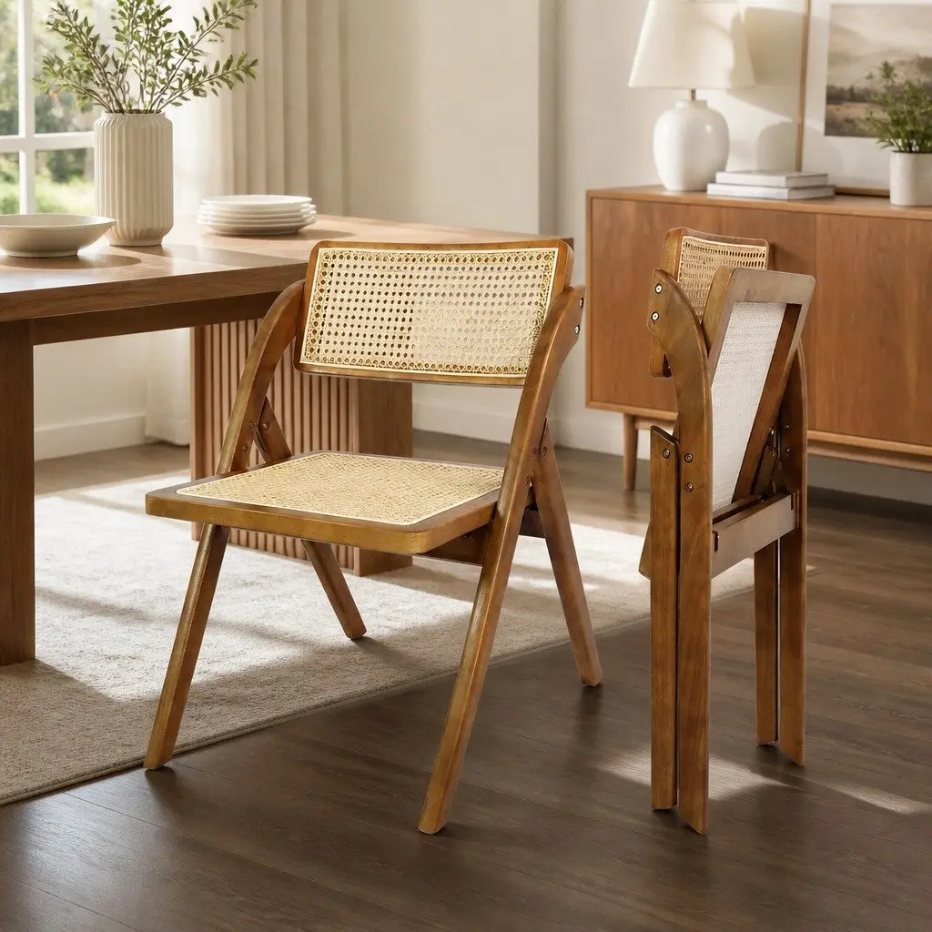 Foldable Dining Chairs Set of 6 Rattan Weaving Rubber Wood Frame Walnut