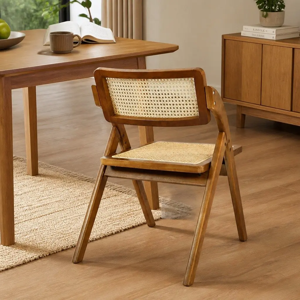 Foldable Rattan Dining Chairs Set of 8 Walnut Wood Frame Lounge Seating