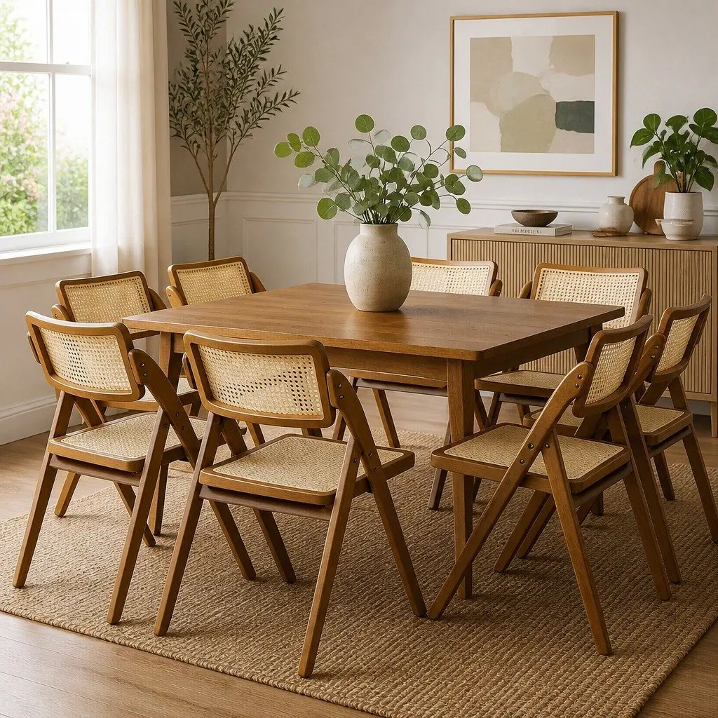 Foldable Rattan Dining Chairs Set of 8 Walnut Wood Frame Lounge Seating