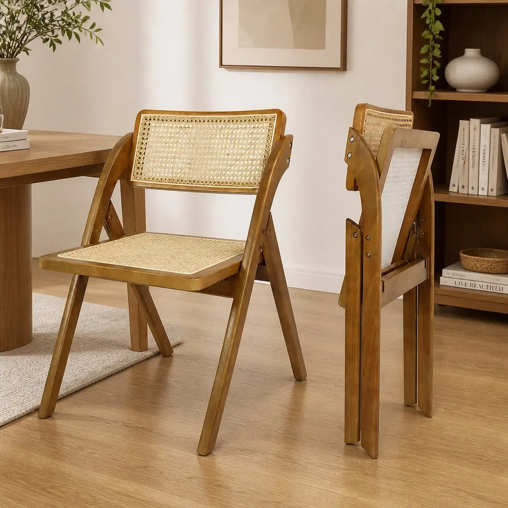 Foldable Rattan Dining Chairs Set of 8 Walnut Wood Frame Lounge Seating