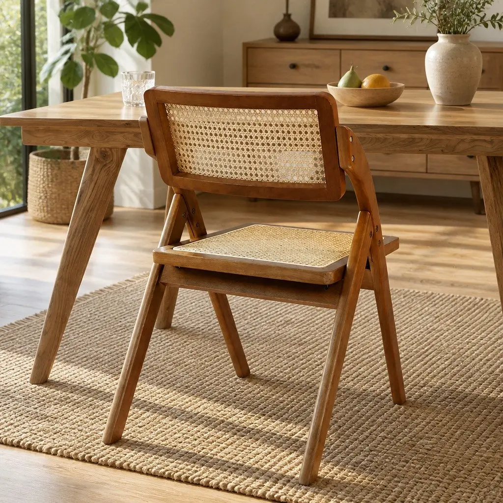 Foldable Dining Chairs Set of 2 Indoor Furniture Walnut Wooden Seat