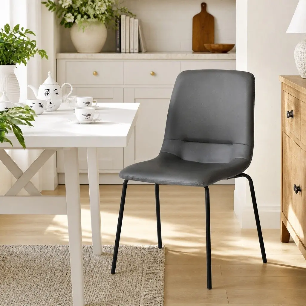 Stackable Dining Chair Kitchen Grey PU Leather Steel Frame High-Density Foam