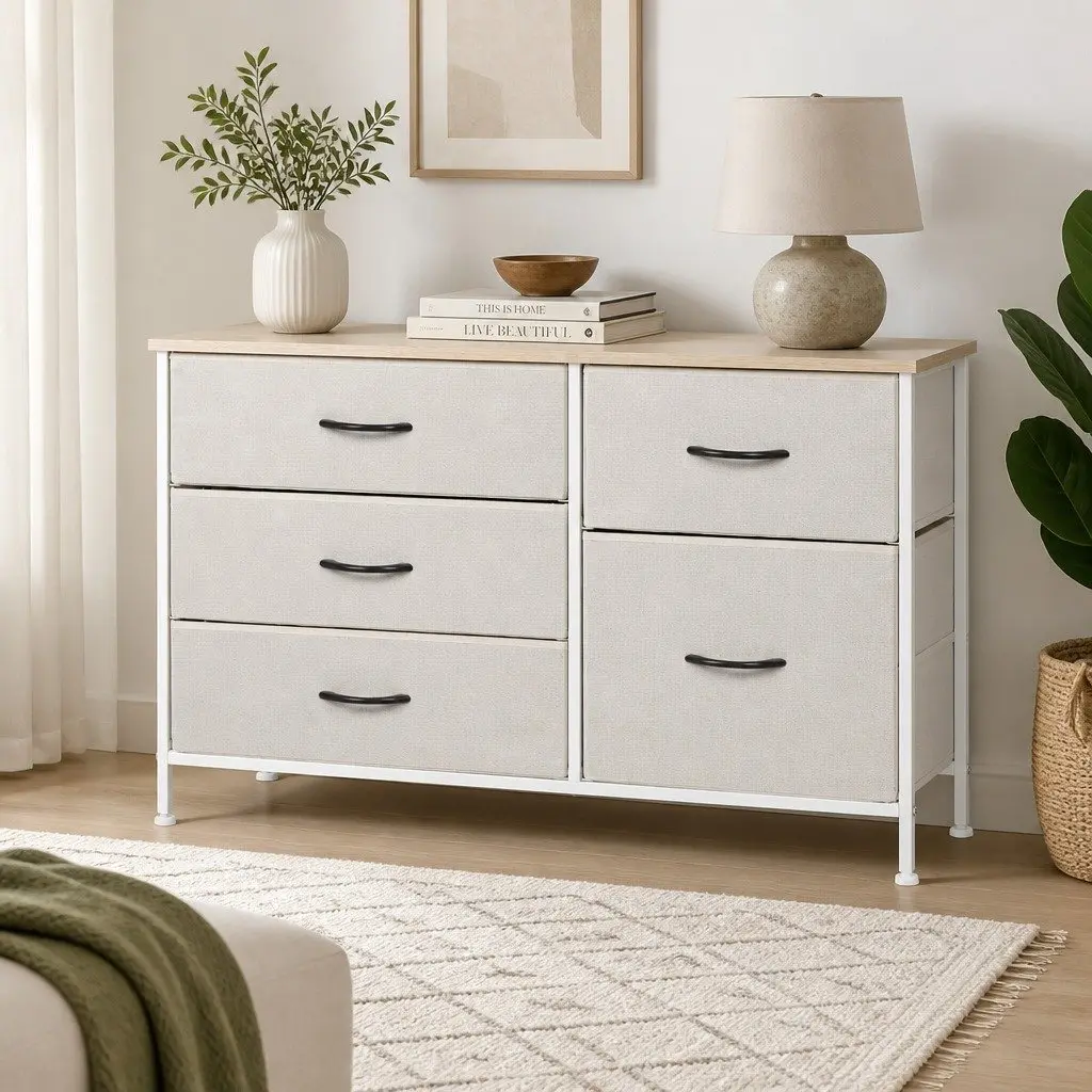 Storage Cabinet Tower Chest Drawers Bedroom Organizer Nightstand Dresser Beige