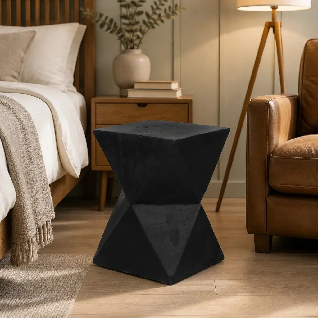 Geometric Side Table Terrazzo Magnesium Cement Nightstand Accent Stool Black 31cm W 31cm D 45cm H