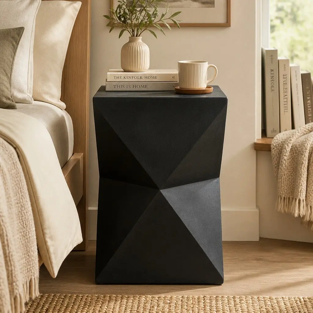 Geometric Side Table Terrazzo Magnesium Cement Nightstand Accent Stool Black 31cm W 31cm D 45cm H
