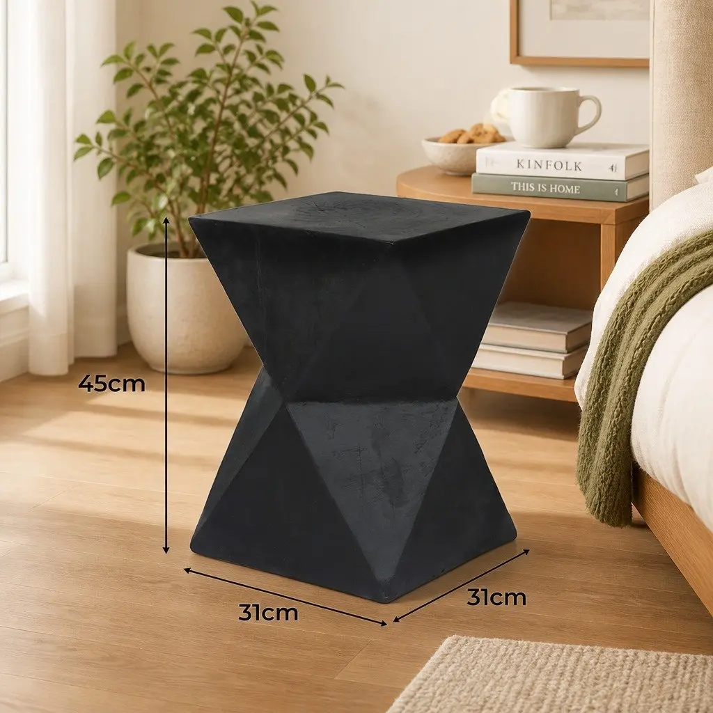 Geometric Side Table Terrazzo Magnesium Cement Nightstand Accent Stool Black 31cm W 31cm D 45cm H