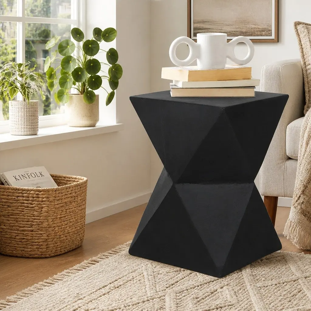 Geometric Side Table Terrazzo Magnesium Cement Nightstand Accent Stool Black 31cm W 31cm D 45cm H