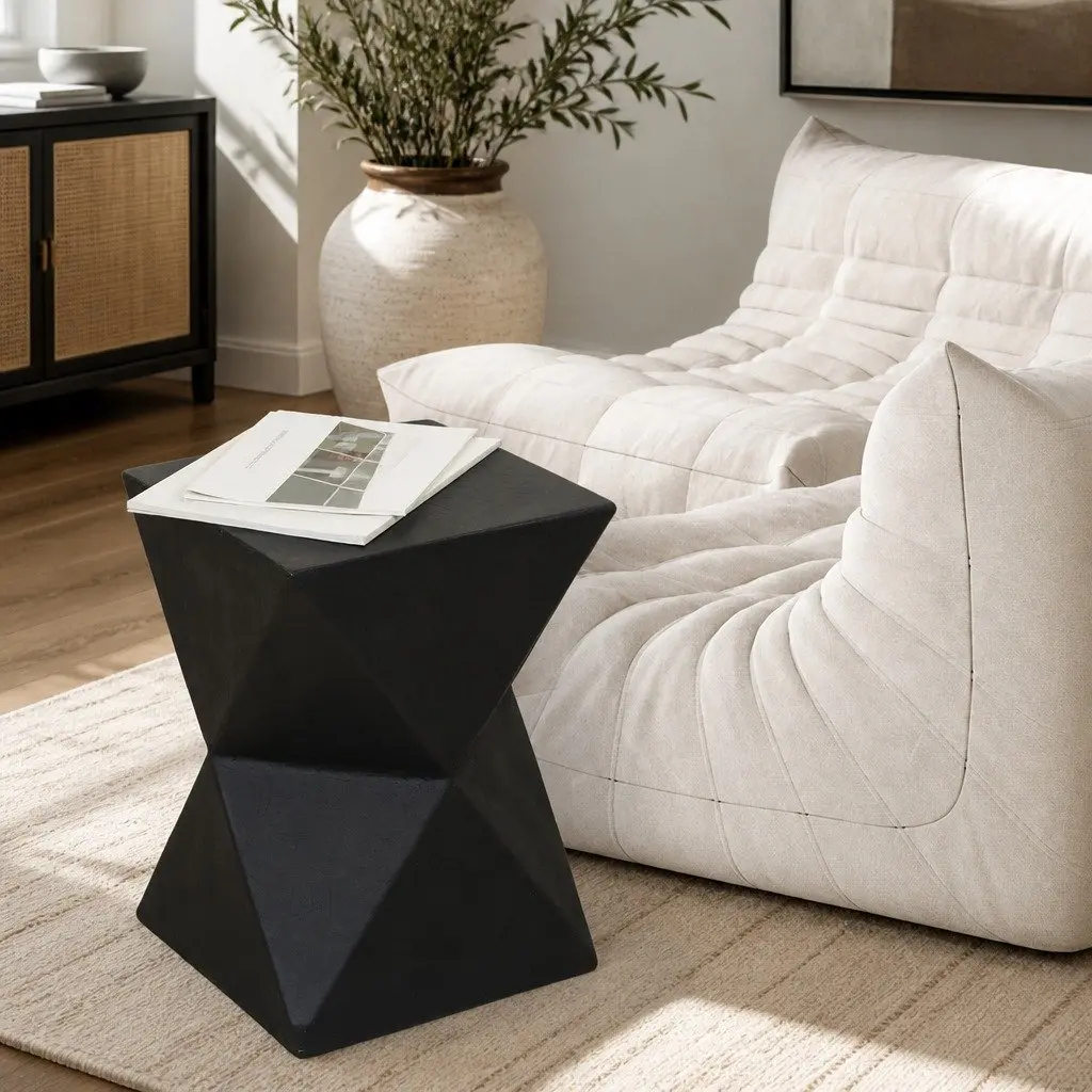 Geometric Side Table Terrazzo Magnesium Cement Nightstand Accent Stool Black 31cm W 31cm D 45cm H