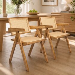 Natural Dining Chair Set of 2 with Rattan Weave