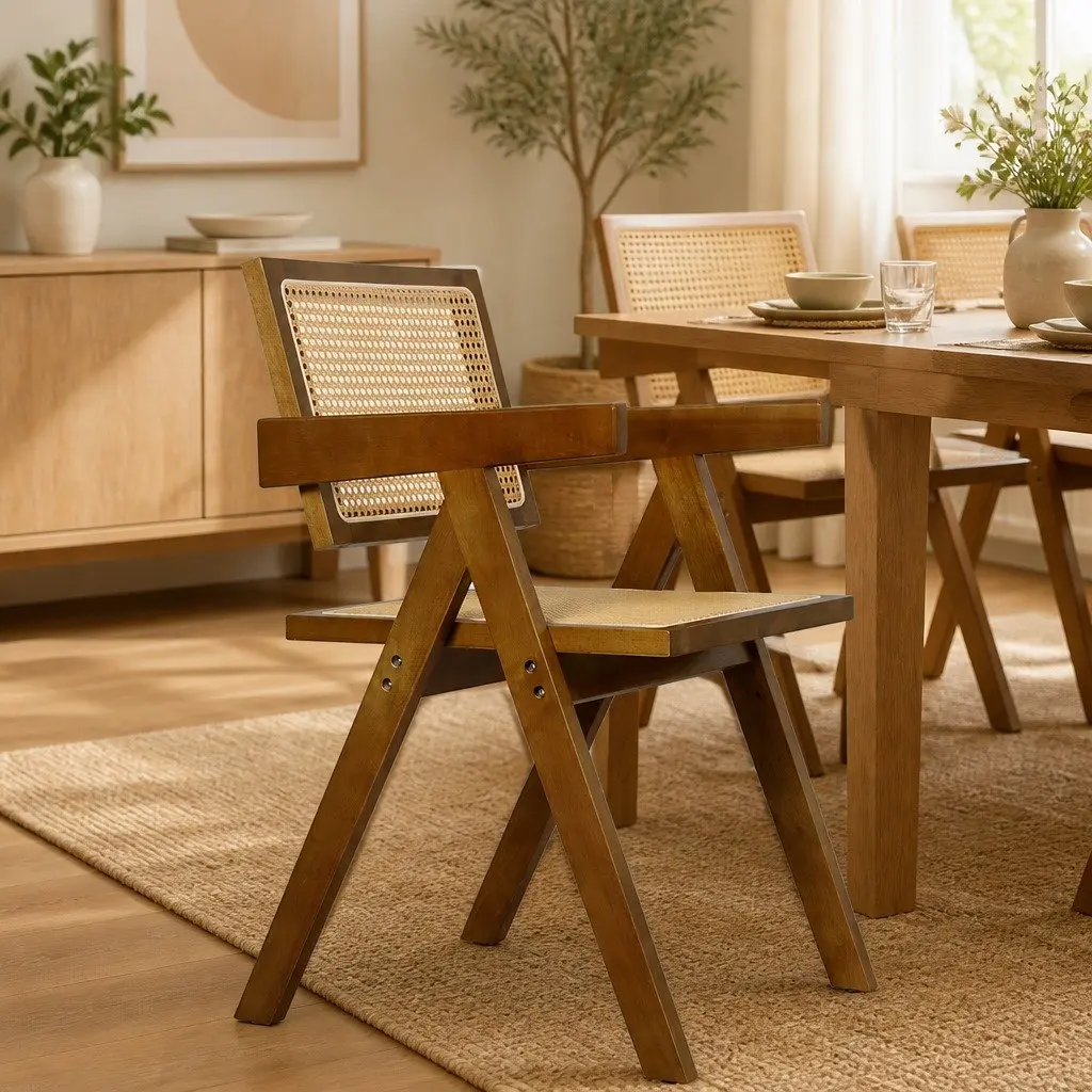 Walnut Wicker Armchair Dining Chair Set 4x Rattan Wooden Seat Retro Style