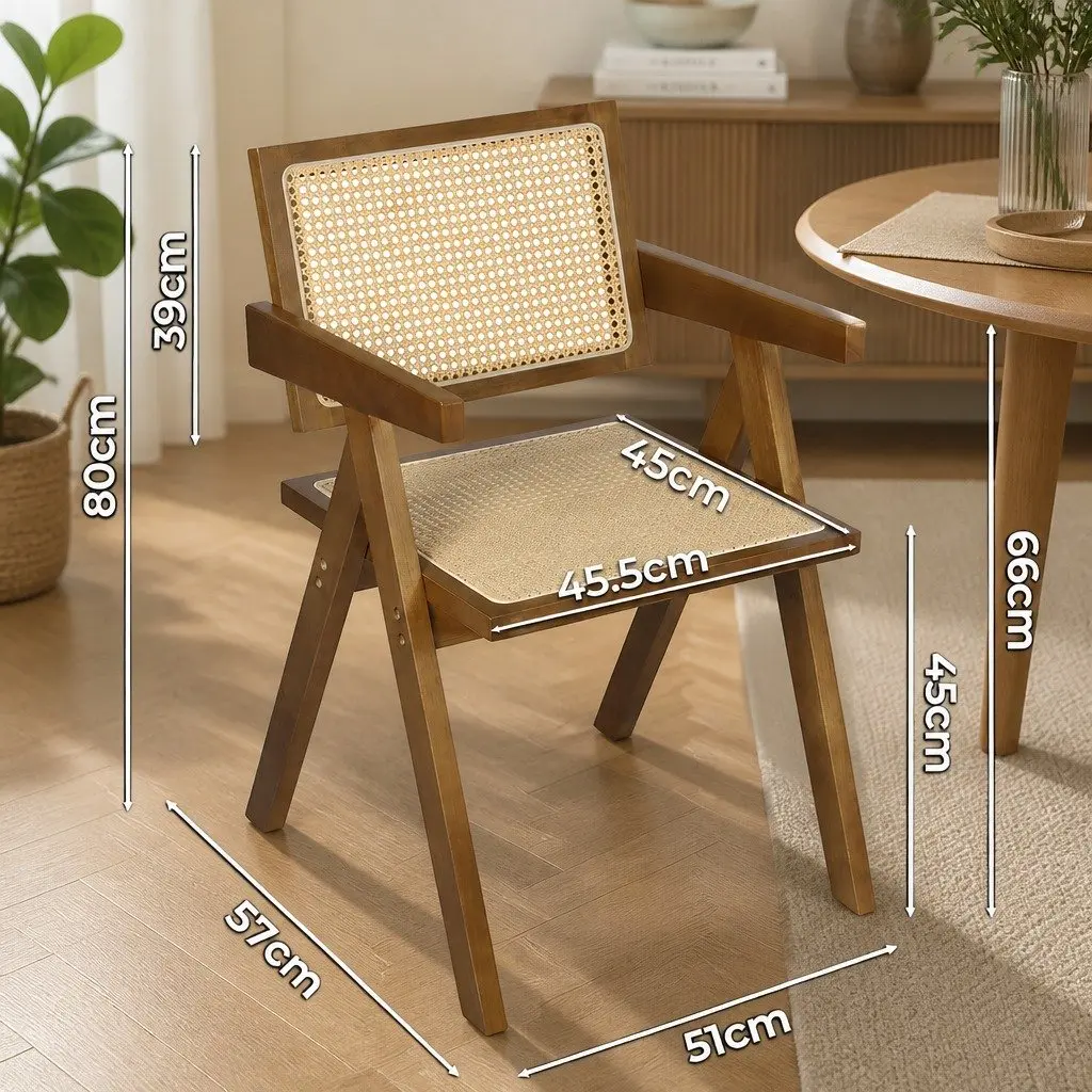 Walnut Wicker Armchair Dining Chair Set 4x Rattan Wooden Seat Retro Style