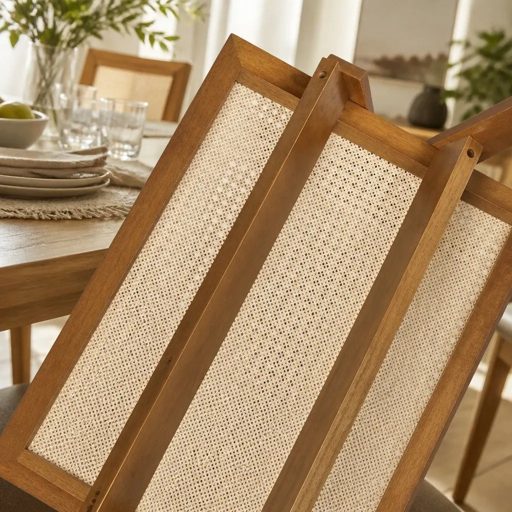 Walnut Wicker Armchair Dining Chair Set 4x Rattan Wooden Seat Retro Style